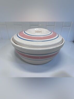 McCoy Beehive Pink And Blue Striped Ceramic Casserole Dish with Lid
